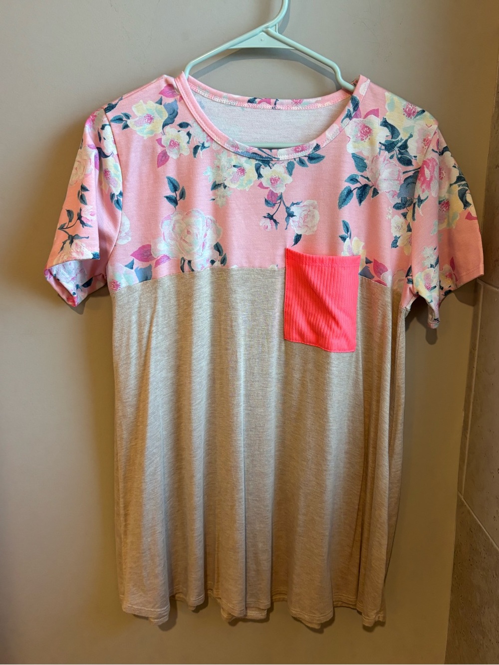 Women’s Pink Floral Yoke Short Sleeve Tee with Cream Body